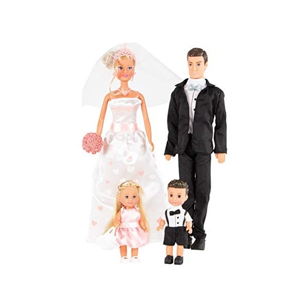 Simba - Steffi Love Famille Mariage - Coffret 2 Poupées Mannequins 29cm + 2 Mini Poupées 12cm - Robe de Mariée + Costume - 10