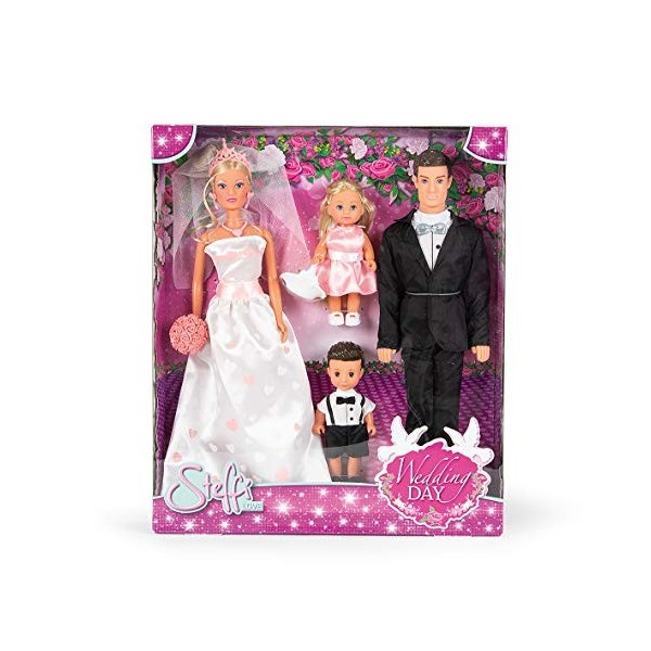 Simba - Steffi Love Famille Mariage - Coffret 2 Poupées Mannequins 29cm + 2 Mini Poupées 12cm - Robe de Mariée + Costume - 10