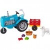 Barbie Tracteur bleu pour poupée avec remorque, figurines chien et poule, un panier et des légumes, jouet pour enfant, GFF49