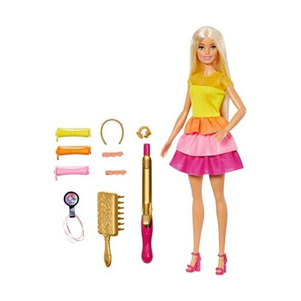 Barbie Coffret poupée Cheveux Bouclés blonde, 2 modes pour boucles les cheveux sans chaleur, accessoires de coiffure inclus, 