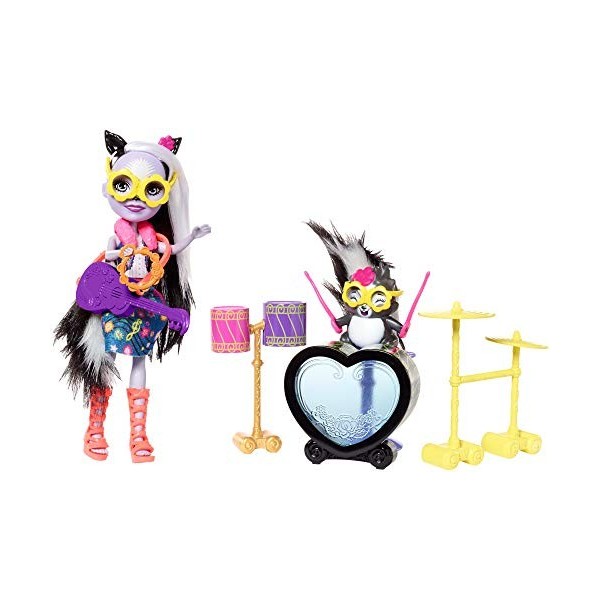 Enchantimals Coffret La Moufette Joue de la Batterie, Mini-poupée Sage Moufette et Figurine Animale Twist avec accessoires mu