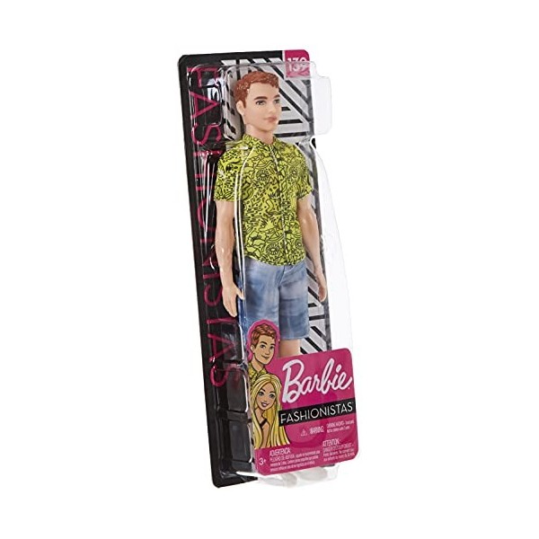 Barbie Fashionistas poupée mannequin Ken 139 aux cheveux roux avec chemise jaune, bermuda en jean et chaussures blanches, jo