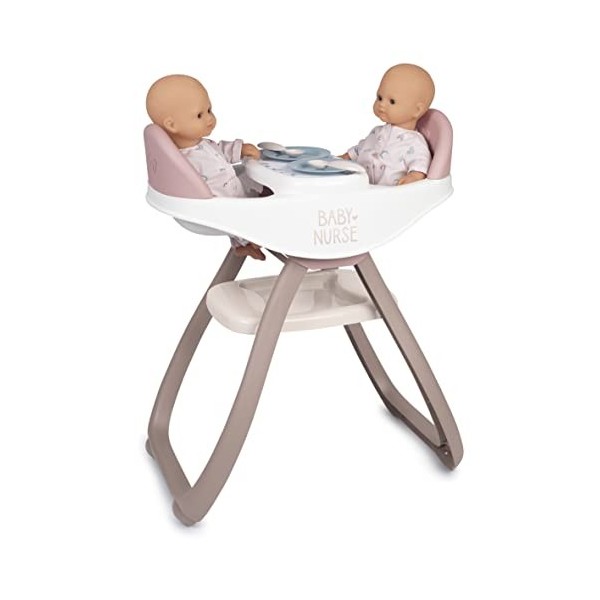 Smoby - Baby Nurse - Chaise Haute Jumeaux - pour Poupons et Poupées - Transformable en Bascule - 4 Accessoires Inclus - 22037