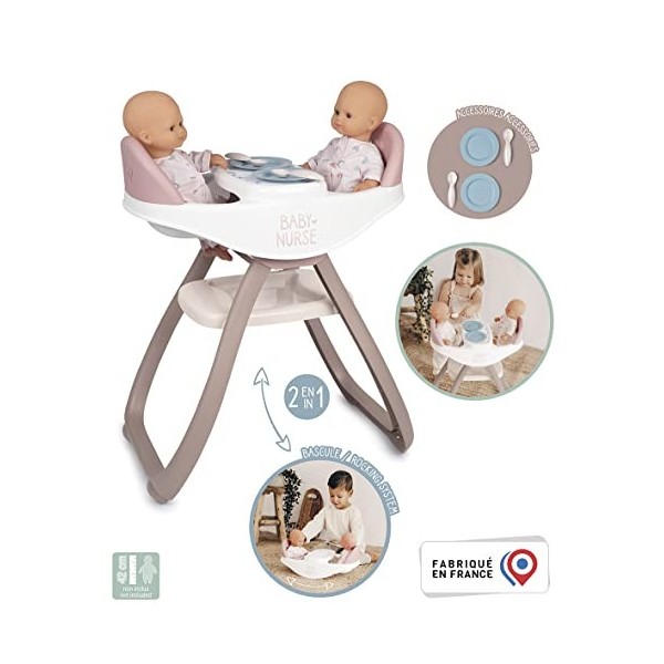 Smoby - Baby Nurse - Chaise Haute Jumeaux - pour Poupons et Poupées - Transformable en Bascule - 4 Accessoires Inclus - 22037