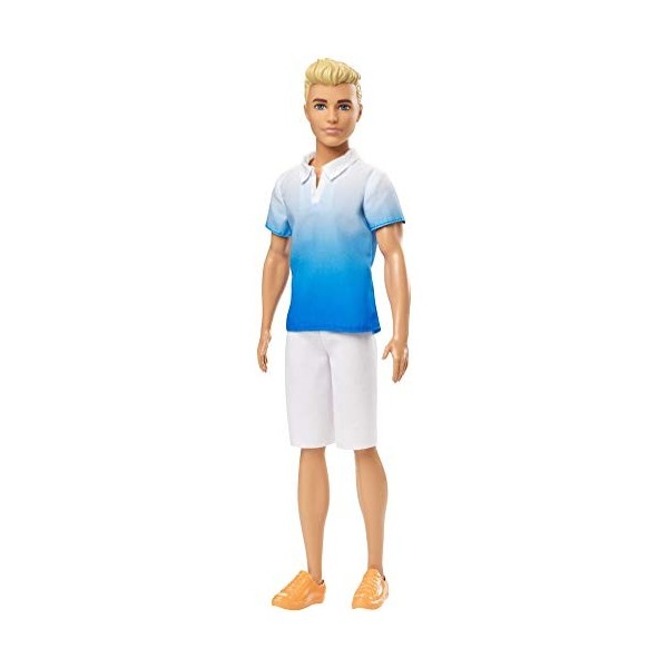 Barbie Fashionistas poupée mannequin Ken 129 blond avec polo dégradé bleu, bermuda blanc et chaussures orange, jouet pour en