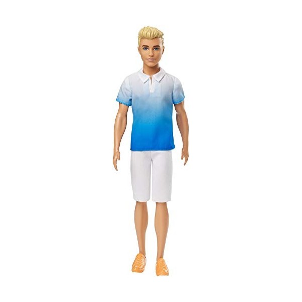 Barbie Fashionistas poupée mannequin Ken 129 blond avec polo dégradé bleu, bermuda blanc et chaussures orange, jouet pour en