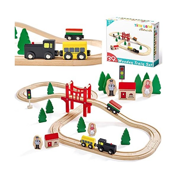 Circuit Train Enfant,Train en Bois magnétique & Rails Pack 39 pcs  ,Compatible avec Brio Compatible avec Thomas, Lidl et dau