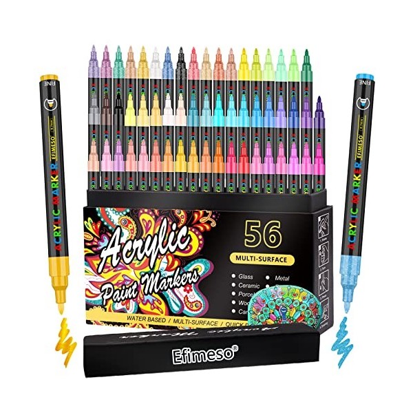 Efimeso Set De 56 Crayons De Feutre Acrylique Pour La Peinture De Roches,  Céramique, Pierre, Verre, Bois, Métal, Marqueur Pei