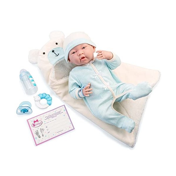 JC TOYS - Poupée La Newborn Nouveau-né de 38 cm, avec Un Corps Doux, avec Une Barboteuse, Une Couverture Douce à Capuche et 4