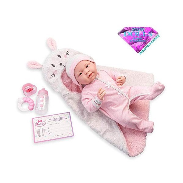 JC TOYS - Poupée La Newborn Nouveau-né de 38 cm, avec Un Corps Doux, avec Une Barboteuse, Une Couverture Douce à Capuche et 4