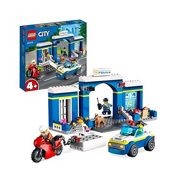 LEGO 60370 City La Course-Poursuite Au Poste De Police, Voiture Jouet Et Moto, 4 Minifigurines Et Figurine De Chien, Ã‰vasion