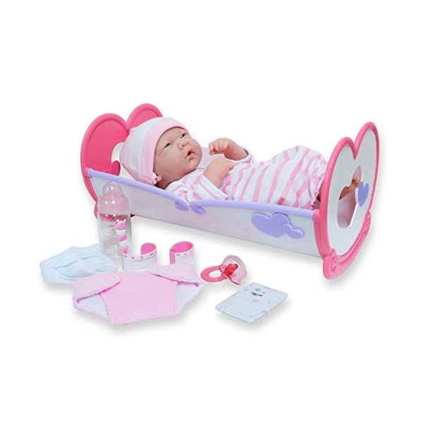 JC TOYS - Poupée La Newborn Nouveau-né 36 cm en Vinyle Souple avec Berceau à Bascule et 7 Accessoires, Rose, conçu en Espagne