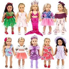 Lot de 10 vêtements et accessoires de poupée tendance avec éléments populaires style corne, licorne, flamant rose, sirène, ro