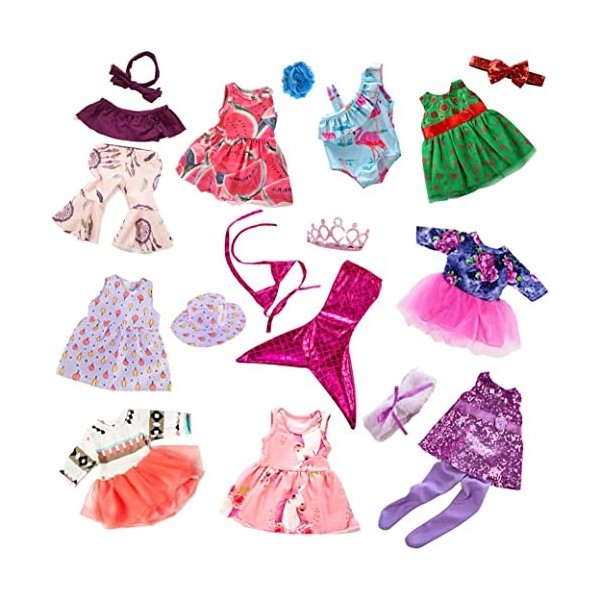 Lot de 10 vêtements et accessoires de poupée tendance avec éléments populaires style corne, licorne, flamant rose, sirène, ro