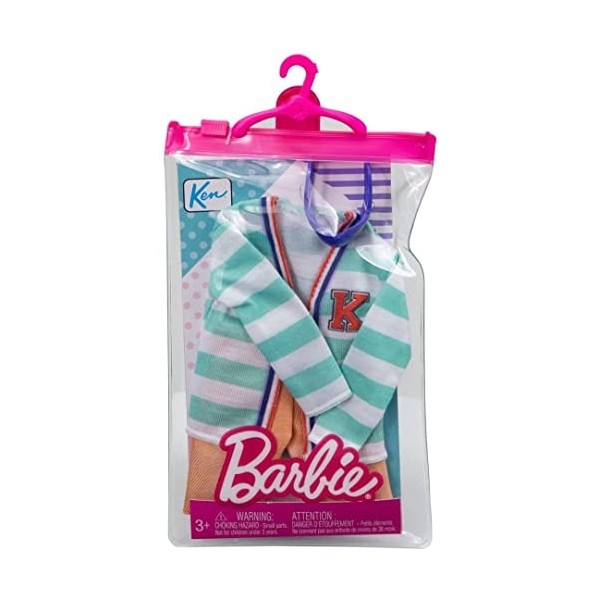 Barbie Fashion Pack Ken - Ensemble vêtements - Pull rayé Bleu et Blanc + Long Short Kaki et Un Masque pour poupée Ken MTHBV39