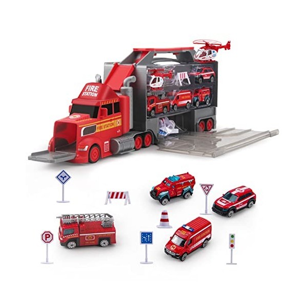 Rhybor Camion Pompier Transporteur Ensemble de 5 Mini Camions de Pompiers en Alliage Métallique Ensemble de Jouets de Pompier