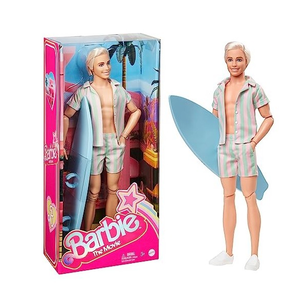 Barbie Le Film - Poupée Mannequin Ken Articulée Avec Ensemble Plage Rayé Rose Et Vert Pastel, Planche De Surf Et Baskets Blan