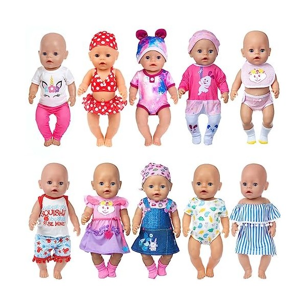 ebuddy Lot de 10 vêtements de poupée accessoires pour poupées nouveau-né de 43 cm - Comprend une robe en jean - Tenue bikini 