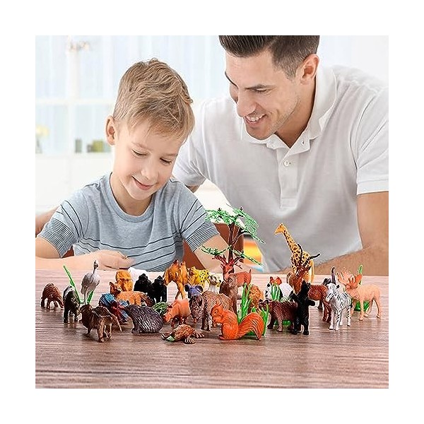 Safari Lot de 53 mini figurines danimaux en plastique réalistes en vinyle sauvage de la jungle, jouets pour enfants en bas â