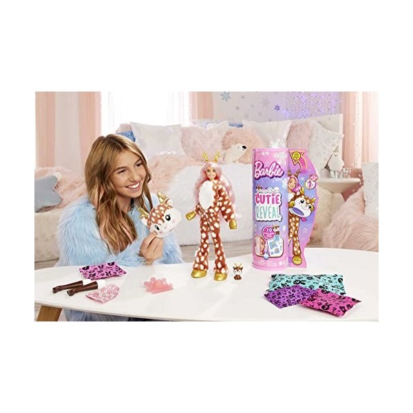 Barbie Poupée Mannequin Cutie Reveal Snowflake Sparkle avec costume de cerf et 10 surprises, dont éléments qui changent de co