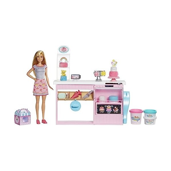 Barbie Métiers Coffret poupée blonde et sa Pâtisserie de décoration de gâteaux, trois pots de pâte à modeler et acessoires, j
