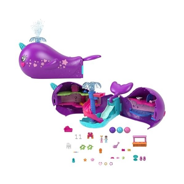 Polly Pocket Coffret Bateau Les Aventures Du Narval Sparkle Cove Adventure Avec 2 Mini-Figurines, 3 Perles Solubles Et 13 Acc