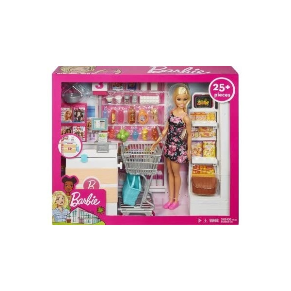 Coffret pour Barbie supermarché + poupées + 25 Accessoires - poupée Mannequin Shopping - Set 25 Pieces + 1 Carte Animaux