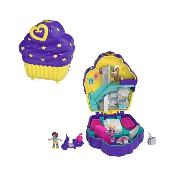 Polly Pocket Coffret Univers Le Café Cupcake avec 2 mini-figurines et accessoires, autocollants et 5 surprises cachées, jouet