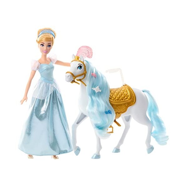 Disney Princess Poupée Cendrillon Inspirée Du Film Disney, Avec Son Cheval Doté DUne Selle Amovible Et Des Accessoires, Joue