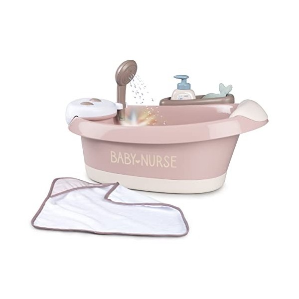 Smoby - Baby Nurse - Baignoire Balnéo - pour Poupons et Poupées - Jets deau et Bulles - Lumières LED - 220368 - Rose