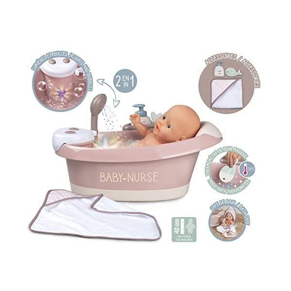 Smoby - Baby Nurse - Baignoire Balnéo - pour Poupons et Poupées - Jets deau et Bulles - Lumières LED - 220368 - Rose