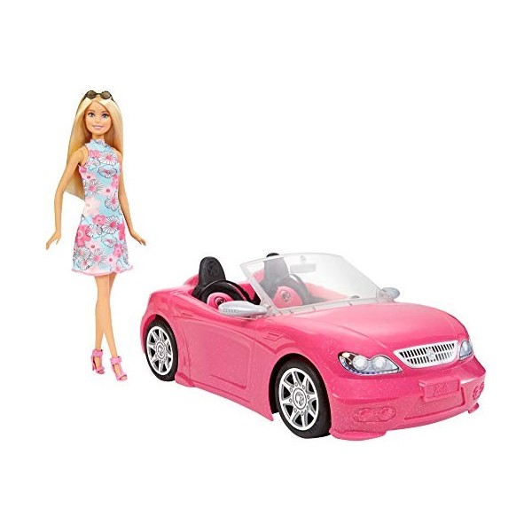 Barbie Voiture Cabriolet Rose, décapotable avec deux sièges noirs, ceintures et rétroviseurs argentés, poupée incluse, jouet 