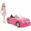 Barbie Voiture Cabriolet Rose, décapotable avec deux sièges noirs, ceintures et rétroviseurs argentés, poupée incluse, jouet 