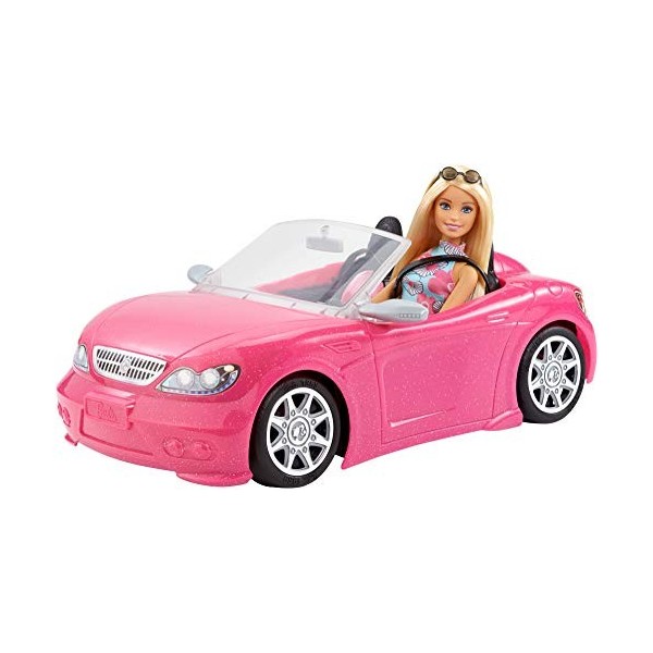 Barbie Voiture Cabriolet Rose, décapotable avec deux sièges noirs, ceintures et rétroviseurs argentés, poupée incluse, jouet 