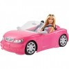 Barbie Voiture Cabriolet Rose, décapotable avec deux sièges noirs, ceintures et rétroviseurs argentés, poupée incluse, jouet 