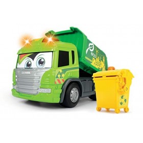 Dickie Toys Happy Garbage Camion à ordures motorisée Scania, lumière et Son, Roue Libre, Levage et abaissement de conteneurs 