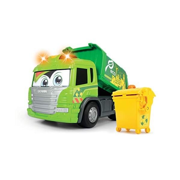 Dickie Toys Happy Garbage Camion à ordures motorisée Scania, lumière et Son, Roue Libre, Levage et abaissement de conteneurs 