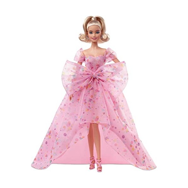Barbie Signature poupée de collection Joyeux Anniversaire blonde avec robe en tulle et pointes roses, emballage personnalisab