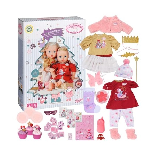 Baby Annabell Calendrier de l’Avent 709634 - 24 tenues & accessoires de Noël pour poupées Baby Annabell de 43cm - Comprend 1 