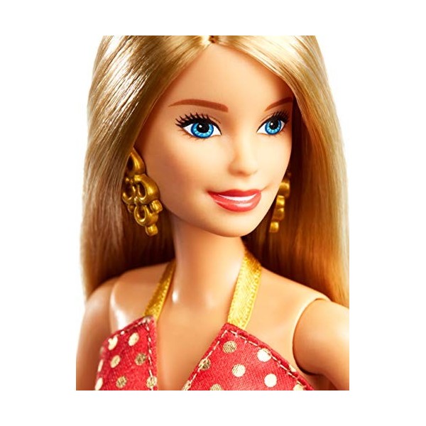 Barbie Poupée Joyeuses Fêtes 2019 Blonde avec Robe Rouge et Or Étincelante, Jouet pour Enfant, Gff68