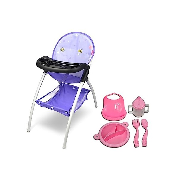 ANIVIA Chaise Haute pour poupées, Chaise Haute pour poupées jusquà 16 avec Assiette à dîner Jouet, Violet