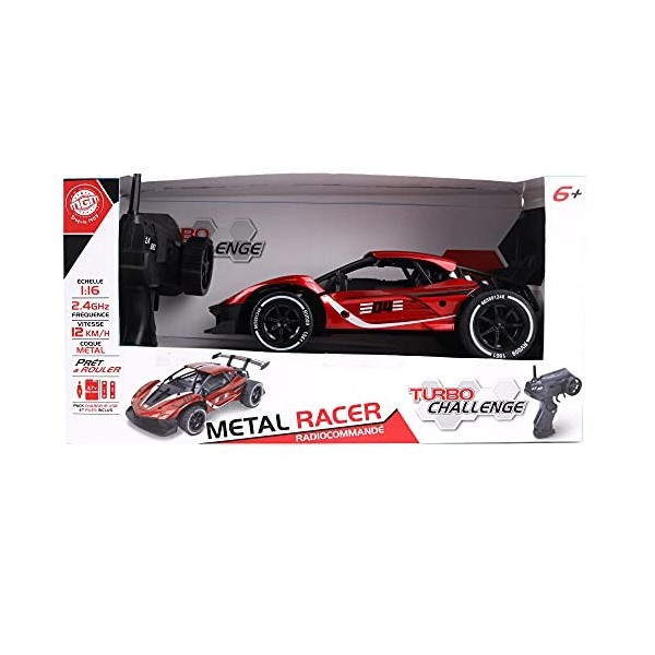 TURBO CHALLENGE - Voiture Racer - Die Cast - 094872 - Voiture Télécommandée - Rouge - 1/16 - Prêt à Rouler - Batterie Recharg