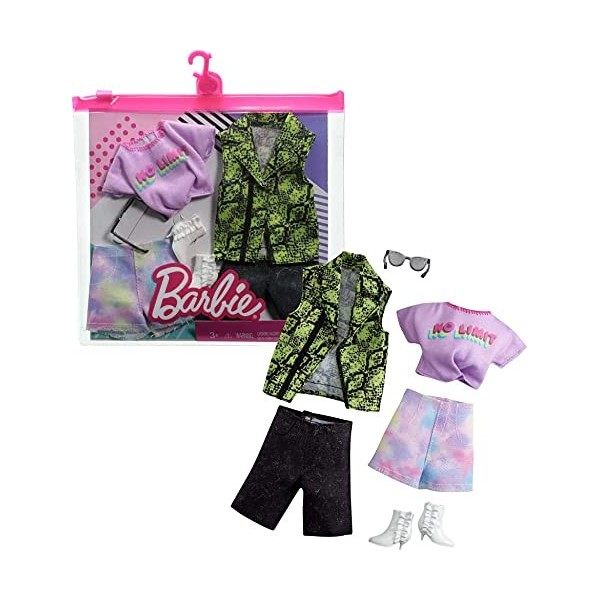 Mattel - Barbie and Ken Fashion 2-Pack, Purple No Limit Shirt, Tie Die Shorts and Green & Black Vest and Jean Shorts