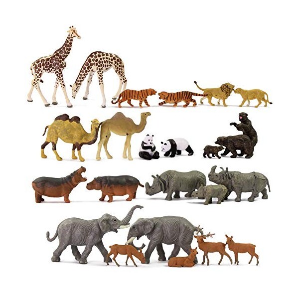 Evemodel Lot de 24 trains miniatures H0 - Échelle 1:87 - Animaux sauvages - En PVC - Éléphant - Camel - Girafe - Panda - Tige