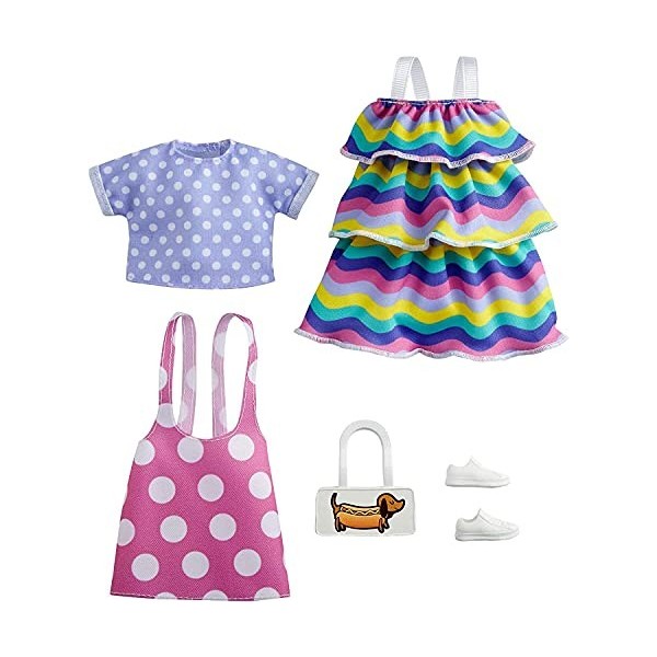 Barbie Fashionistas Kit vêtements, 2 tenues pour poupée dont tee-shirt à pois, robe à pois, robe multicolore et accesssoires,