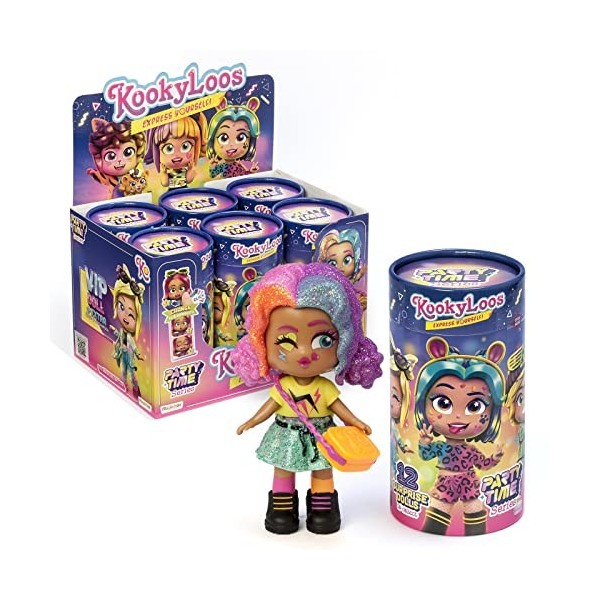 KOOKYLOOS Party Time Series – Poupée surprise à collectionner avec accessoires de mode, chaussures, robes et jouets avec 3 ex