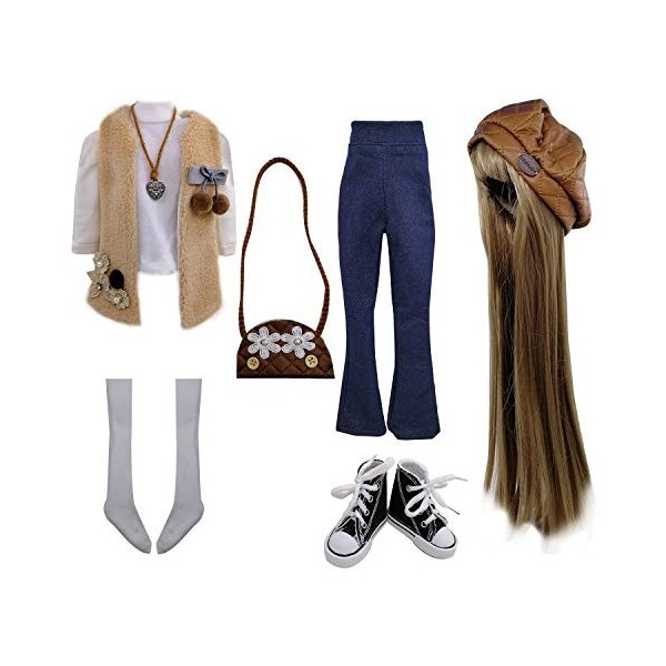 Set of Fashion Clothes Wigs Shoes Socks Accessories Full Set for 1/3 21-23inch 60cm BJD Dolls Blanche 