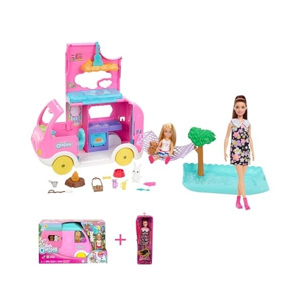 Barbie Lot Coffret Poupée Mannequin Camping-Car 2 en 1 Chelsea HNH90 + Poupée Fashionistas N°187 HBV19 , 2 Animaux, 15 Acc