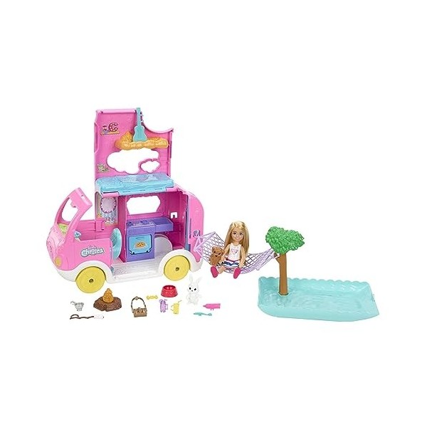 Barbie Lot Coffret Poupée Mannequin Camping-Car 2 en 1 Chelsea HNH90 + Poupée Fashionistas N°187 HBV19 , 2 Animaux, 15 Acc