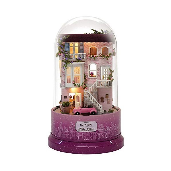 Maison De Poupée Miniature à Monter Soi-même avec Boîte à Musique Rotative, Couvercle Anti-poussière, Lumière LED Monde Glac